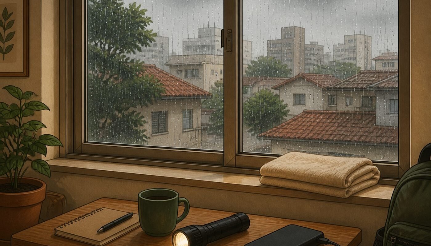 Casa organizada durante chuva forte em bairro urbano brasileiro