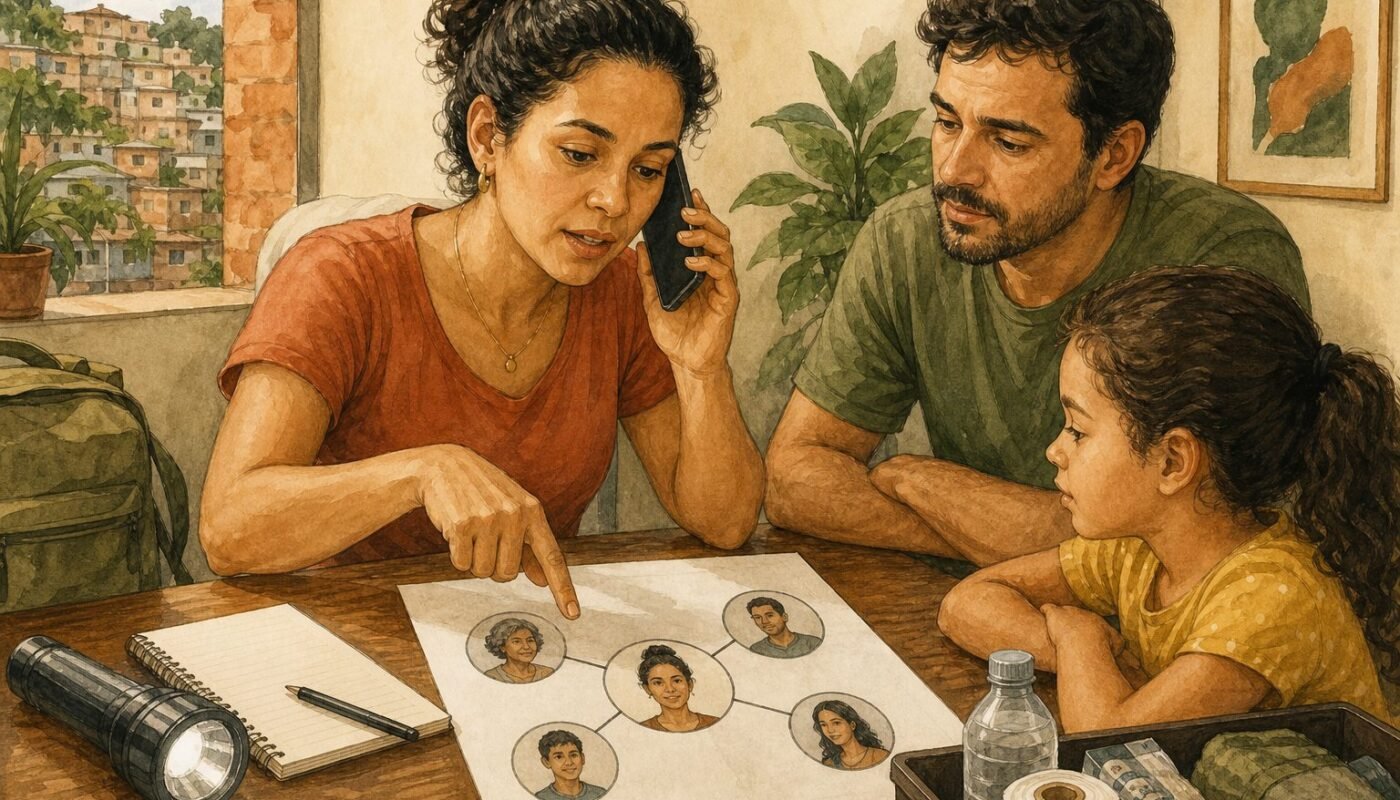 Diagrama doméstico conecta família, vizinhos, escola, trabalho e serviços oficiais
