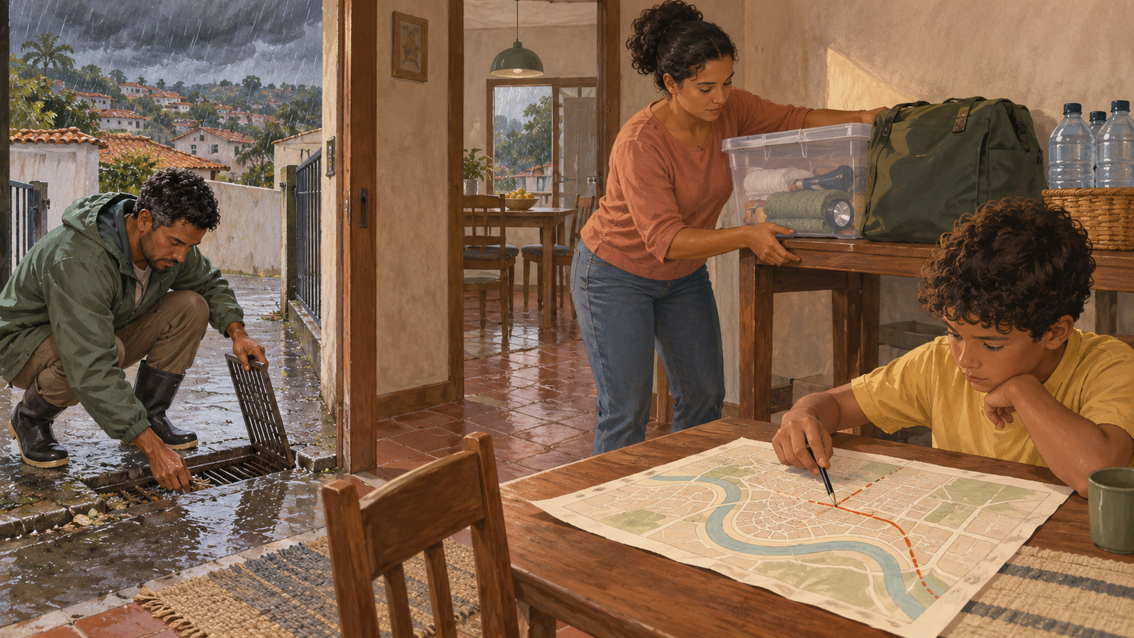 Família preparando drenagem e suprimentos antes da chuva forte