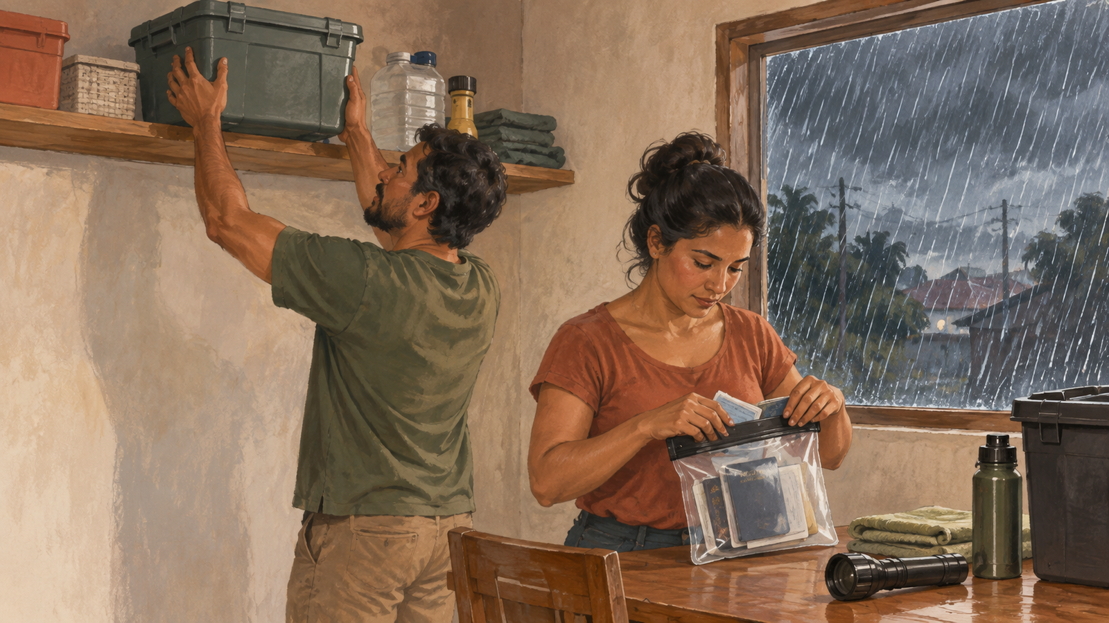 Documentos e suprimentos protegidos antes da chuva forte