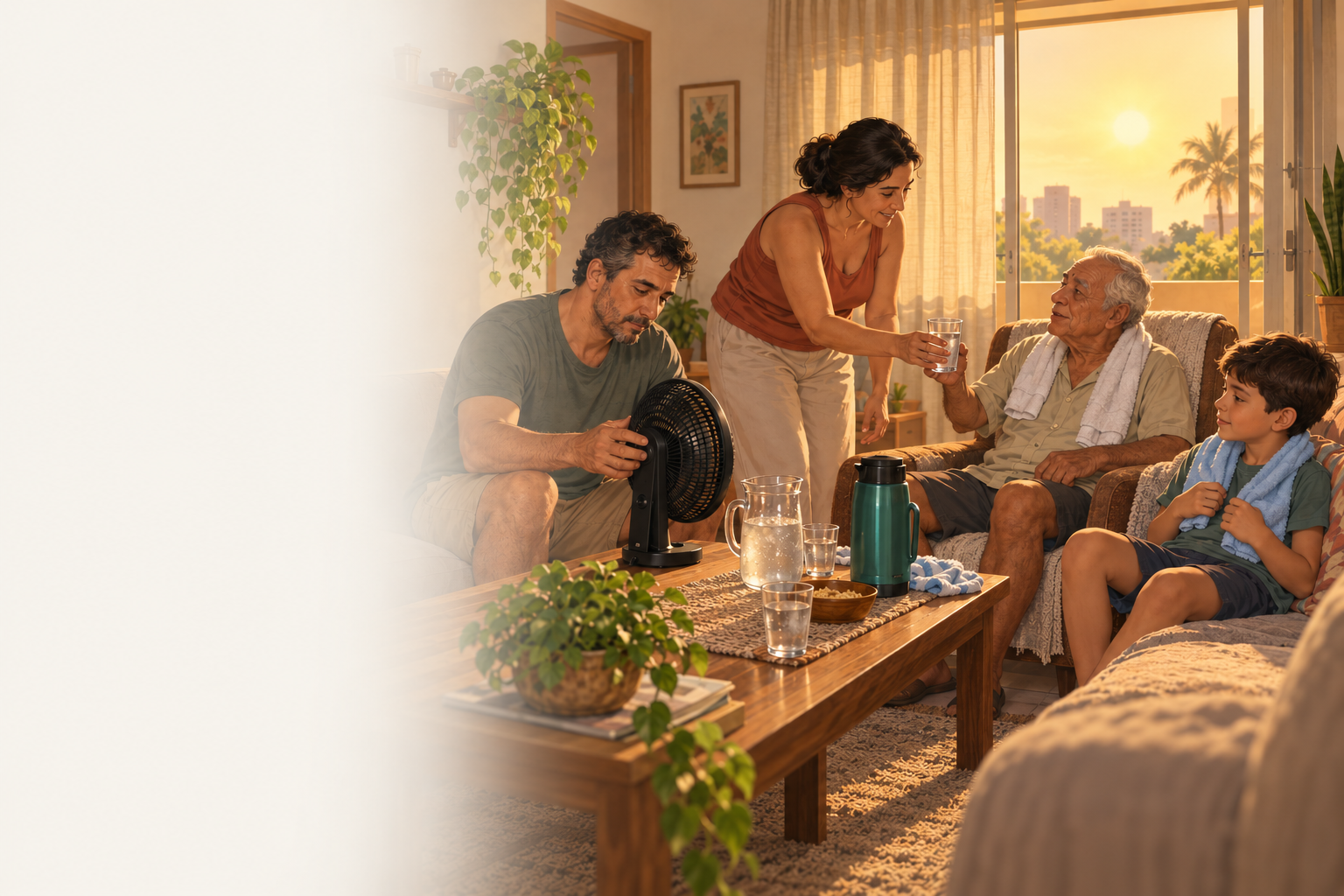 Familia cuida de idoso durante dia de calor em casa