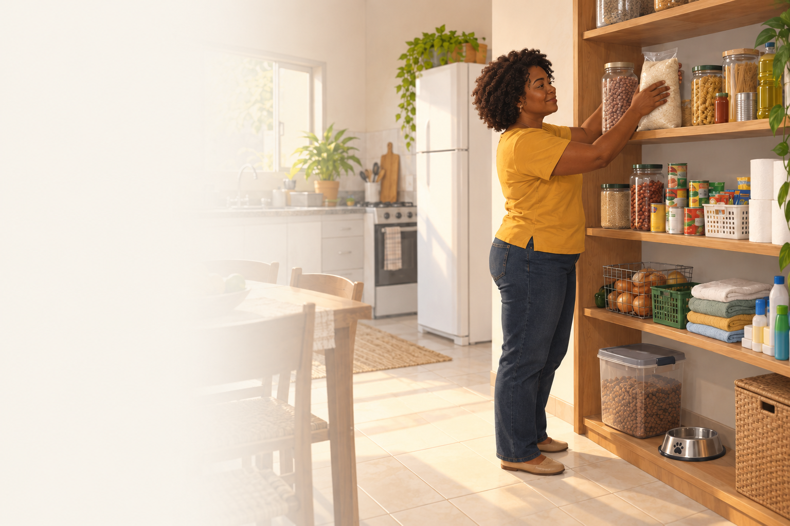 Mulher organiza estoque domestico de alimentos e suprimentos