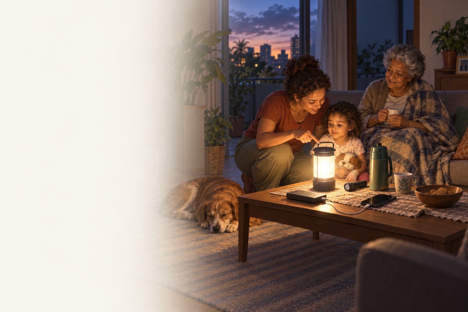 Familia usa lanterna durante falta de energia em casa