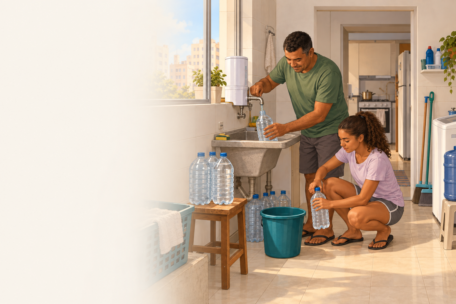 Familia organiza reserva de agua em casa