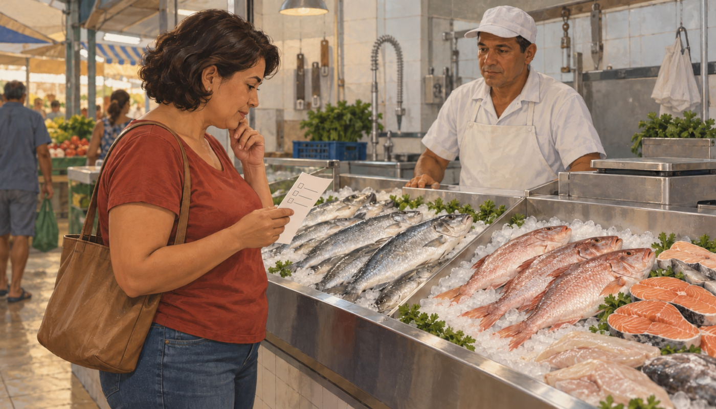 Ilustração editorial sobre El Niño e seus efeitos no preço e na oferta de peixe