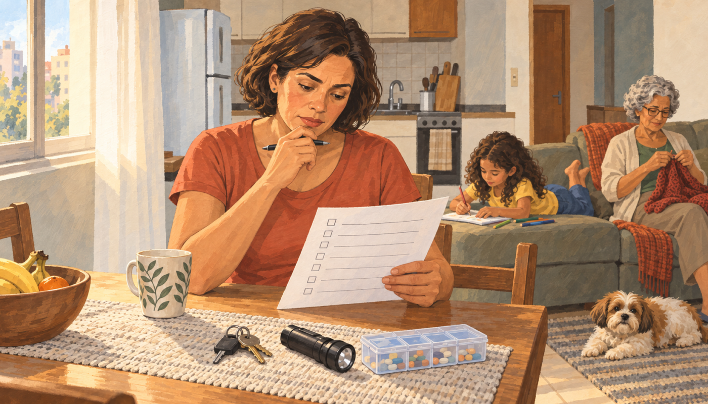 Família brasileira revisando plano de emergência em ilustração editorial