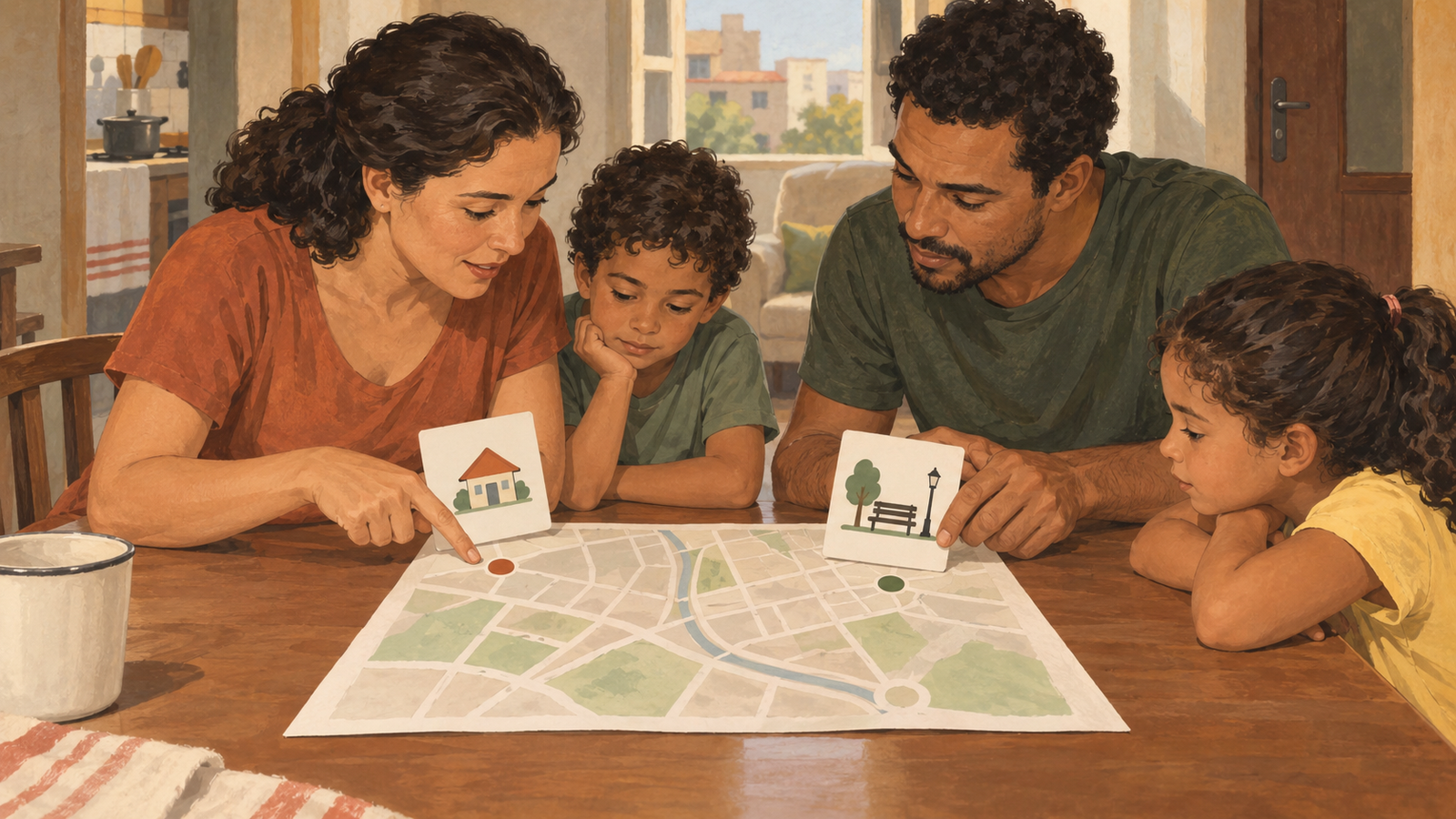 Família escolhendo pontos de encontro no mapa